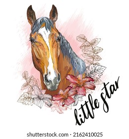 Portrait of a Horse and flowers. Little star lettering quote. Hand drawn style print. Vector illustration isolated on white background. T-shirt composition, print, design, sticker, sublimation,decor