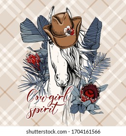 Portrait of a Horse in a hat with Protea flowers and exotic palm leaves on a checkered background. Cowgirl spirit - lettering quote. T-shirt composition, hand drawn style print. Vector illustration.