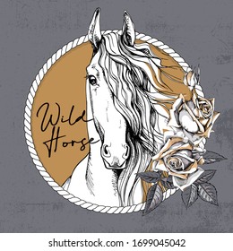 Portrait of a Horse and Rose flowers, bud and leaves in a cord frame. T-shirt composition, hand drawn style print. Vector illustration.