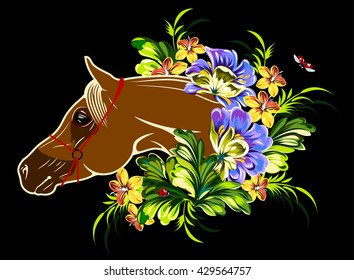 Portrait of a horse in a thicket of wild flowers