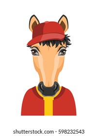 Portrait of a horse wearing a cap and jacket