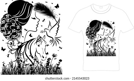 Portrait of a Horse,Woman,Bird and  flowers, bud and leaves in a cord frame. T-shirt composition, hand drawn style print. Vector illustration. Horse t shirt and mug design vector illustration. 