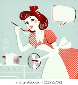 POrtrait of housewife in retro dress cooking soup in her kitchen room.Vector illustration for text