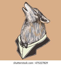 Portrait of a howling wolf in a tuxedo . Hand drawn coloured  vector illustration. Hipster style.