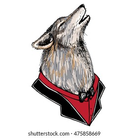 Portrait of a howling wolf in a tuxedo . Hand drawn coloured vector illustration. Hipster style.