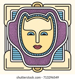 Portrait of a Human Cat in a frame on a mosaic fresco. Stained glass. Elegant avatar face stylish abstract geometric. Festival memphis vector flat style