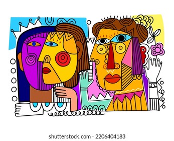 Portrait human, man and woman in modern abstract hand drawn vector illustration. Cubism contemporary trendy fashion art design.