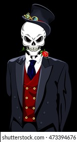 Portrait of a human skull in the men's suit and hat and rose in her teeth
