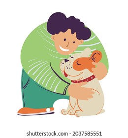 Portrait of human with your pet. Boy and french bulldog. Love and care of the little pet friend