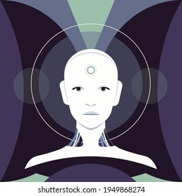 The portrait of humanoid robot. Artificial intelligent. The face of cyber woman. Futuristic. Vector flat illustration