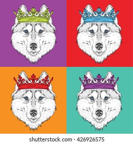 Portrait of husky with crown. Pop art style vector illustration.