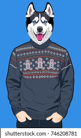 Portrait of a Husky dog in a man's knitted sweater with patterns in the form of little men