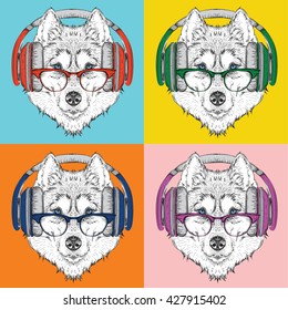 Portrait of Husky in headphones and with glasses. Pop art style vector illustration.