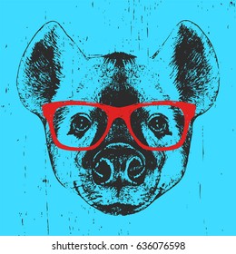 Portrait of Hyena with glasses. Hand-drawn illustration. T-shirt design. Vector