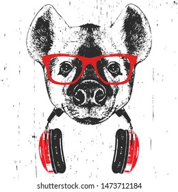 Portrait of Hyena with glasses and headphones. Hand-drawn illustration. T-shirt design. Vector