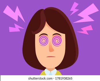 Portrait of a hypnotized woman, bewitched girl. Woman with spirals in his eyes, blank stare - hypnosis, magic. Lightning under the head. Vector illustration, flat design, cartoon style, isolated.