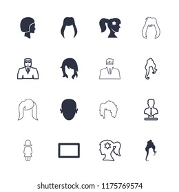 Portrait icon. collection of 16 portrait filled and outline icons such as woman hairstyle, burst, face. editable portrait icons for web and mobile.