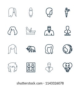 Portrait icon. collection of 16 portrait outline icons such as elephant, woman hairstyle, hairstyle, security guy, casino girl. editable portrait icons for web and mobile.