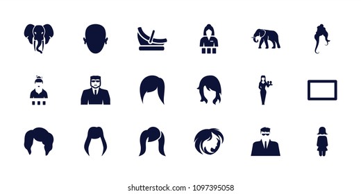Portrait icon. collection of 18 portrait filled icons such as elephant, woman hairstyle, casino girl, security guy, burst, face. editable portrait icons for web and mobile.