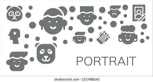 portrait icon set. 11 filled portrait icons.  Collection Of - Panda bear, Avatar, Head, Karate, Portrait