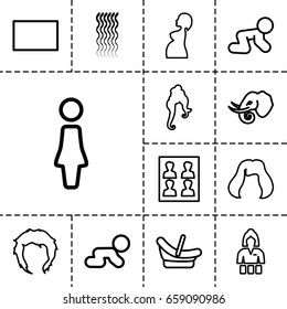 Portrait icon. set of 13 outline portraiticons such as elephant, baby basket, baby crawl, woman, curly hair, woman hairstyle, hairstyle, casino girl, pregnant woman