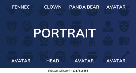 portrait icon set. 32 filled portrait icons. on blue background style Simple modern icons about  - Fennec, Clown, Panda bear, Avatar, Head, Grandmother, Portrait, Panda, Monas