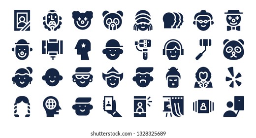 portrait icon set. 32 filled portrait icons. on blue background style Collection Of - Portrait, Clown, Avatar, Hairstyle, Cervantes, Selfie stick, Head, Panda bear, Woman, Selfie