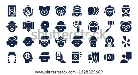 portrait icon set. 32 filled portrait icons. on blue background style Collection Of - Portrait, Clown, Avatar, Hairstyle, Cervantes, Selfie stick, Head, Panda bear, Woman, Selfie