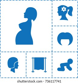 Portrait icon. set of 6 portrait filled icons such as baby crawl, woman hairstyle, woman face with flower in hair, pregnant woman, studio curtain