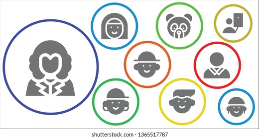 portrait icon set. 9 filled portrait icons.  Collection Of - George washington, Avatar, Panda bear, Selfie
