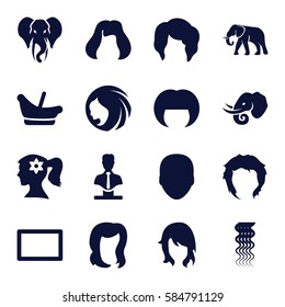portrait icons set. Set of 16 portrait filled icons such as elephant, baby basket, face, woman hairstyle, curly hair, hairstyle, woman face with flower in hair, bust
