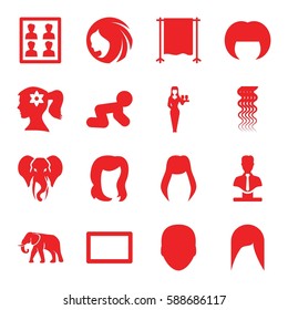 portrait icons set. Set of 16 portrait filled icons such as elephant, baby crawl, woman hairstyle, face, curly hair, hairstyle, woman face with flower in hair, Casino girl