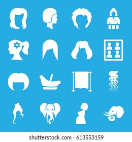 Portrait icons set. set of 16 portrait filled icons such as elephant, baby basket, curly hair, woman hairstyle, hairstyle, woman face with flower in hair, Casino girl