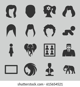 Portrait icons set. set of 16 portrait filled icons such as elephant, woman hairstyle, face, woman, hairstyle, woman face with flower in hair, security guy, bust
