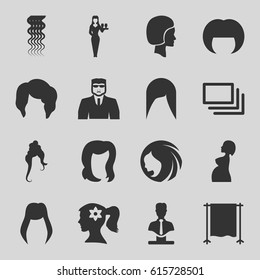 Portrait icons set. set of 16 portrait filled icons such as woman hairstyle, curly hair, hairstyle, woman face with flower in hair, security guy, Casino girl, bust
