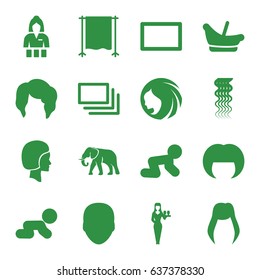 Portrait icons set. set of 16 portrait filled icons such as elephant, baby basket, baby crawl, woman hairstyle, face, curly hair, casino girl, studio curtain, burst