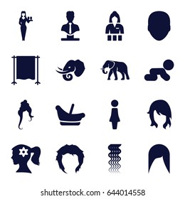 Portrait icons set. set of 16 portrait filled icons such as elephant, baby basket, face, woman, woman hairstyle, curly hair, woman face with flower in hair, hairstyle