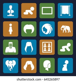 Portrait icons set. set of 16 portrait filled icons such as elephant, baby crawl, woman hairstyle, woman, hairstyle, security guy, bust, pregnant woman, studio curtain