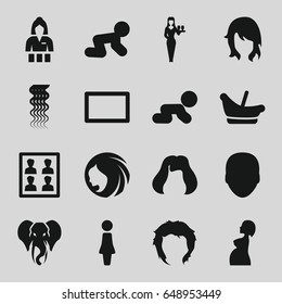 Portrait icons set. set of 16 portrait filled icons such as elephant, baby basket, baby crawl, face, woman hairstyle, woman, curly hair, hairstyle, casino girl, pregnant woman