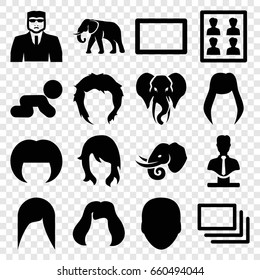 Portrait icons set. set of 16 portrait filled icons such as elephant, woman hairstyle, face, hairstyle, security guy, bust, photo for passport, burst