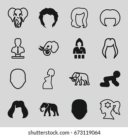 Portrait icons set. set of 16 portrait filled and outline icons such as elephant, baby crawl, face, hairstyle, casino girl, woman hairstyle, woman face with flower in hair