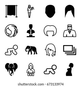 Portrait icons set. set of 16 portrait filled and outline icons such as elephant, face, woman hairstyle, bust, pregnant woman, studio curtain, burst, baby crawl, casino girl