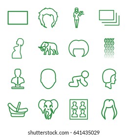 Portrait icons set. set of 16 portrait outline icons such as elephant, baby basket, baby crawl, woman hairstyle, face, curly hair, hairstyle, casino girl, bust, pregnant woman