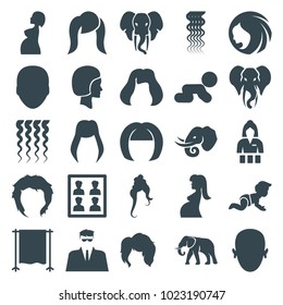 Portrait icons. set of 25 editable filled portrait icons such as elephant, woman hairstyle, face, curly hair, hairstyle, casino girl, crawling baby, pregnant woman