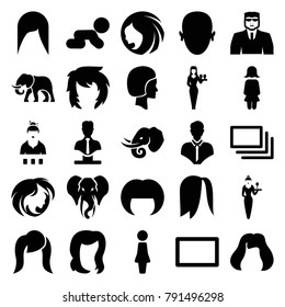 Portrait icons. set of 25 editable filled portrait icons such as elephant, woman hairstyle, woman, hairstyle, security guy, casino girl, bust, crawling baby, burst