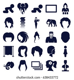 Portrait icons set. set of 25 portrait filled icons such as elephant, baby crawl, woman hairstyle, face, woman, curly hair, hairstyle, woman face with flower in hair