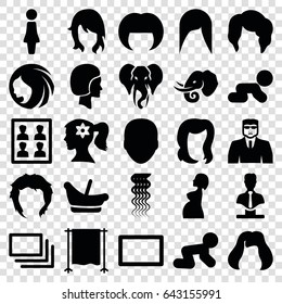 Portrait icons set. set of 25 portrait filled icons such as elephant, baby basket, baby crawl, face, woman hairstyle, woman, curly hair, hairstyle, security guy, bust