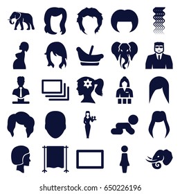 Portrait icons set. set of 25 portrait filled icons such as elephant, baby basket, woman hairstyle, face, woman, curly hair, hairstyle, casino girl, security guy, bust