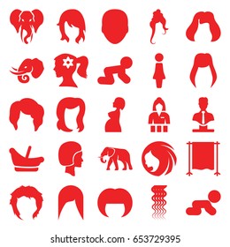 Portrait icons set. set of 25 portrait filled icons such as elephant, baby basket, baby crawl, woman hairstyle, face, woman, curly hair, hairstyle, casino girl, bust