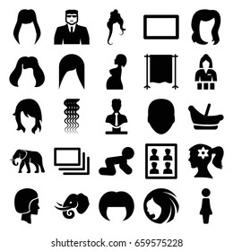 Portrait icons set. set of 25 portrait filled icons such as elephant, baby basket, baby crawl, woman hairstyle, face, woman, curly hair, hairstyle, casino girl, security guy